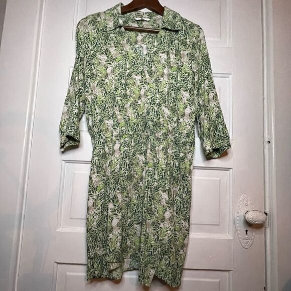 Cabi Womens Green Leaf Print 3/4 Sleeve V Neck Faux Wrap Dress - Picture 2 of 11